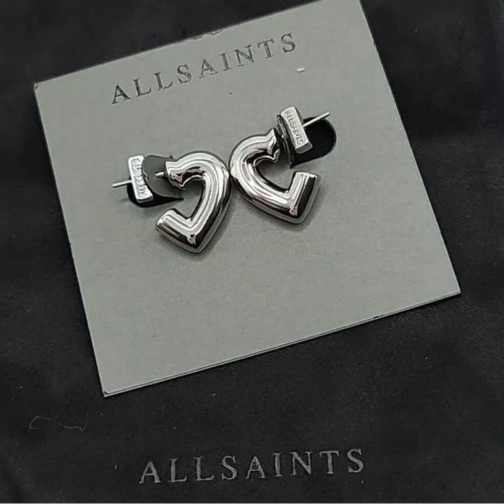 All Saints Silver Tone Small Heart Huggie Hoops Earrings Nwt Post Back Nwt 75$